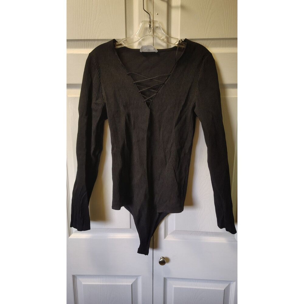 Everyday Chic Black Bodysuit Medium Ribbed Knit Lace Up V Neck Long Sleeve